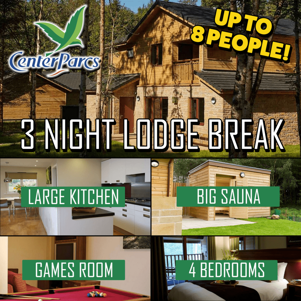 CENTER PARCS 3 NIGHT LODGE GETAWAY - UP TO 8 PEOPLE! - SAUNA, GAMES ROOM & MORE!