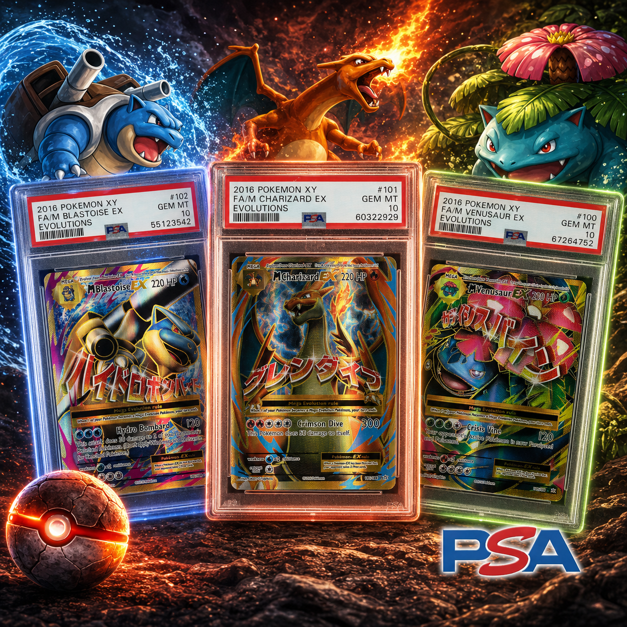 Pokémon XY Evolutions 2016 EX Set – Mega Charizard, Blastoise & Venusaur – PSA 10!
