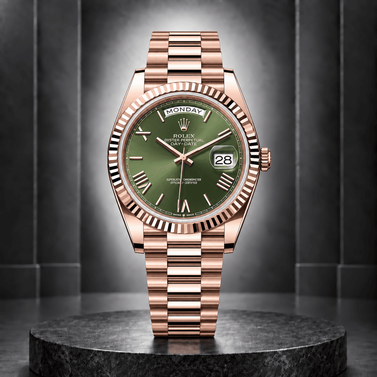 ROLEX DAY-DATE 40 ROSE GOLD OLIVE DIAL ANNIVERSARY